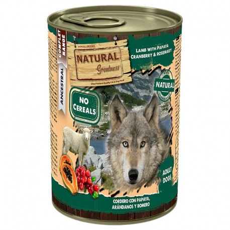 Natural greatness Cordero con papaya latas para perros