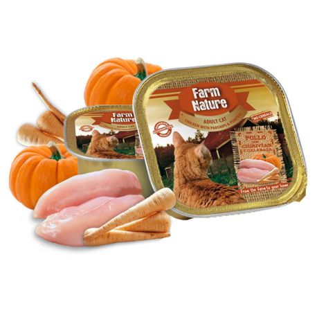 Tarrina húmeda Farm Nature sin cereales de pollo con chirivías y calabaza para gatos adultos 100gr