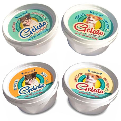 Pack de Helados de 4 sabores (naranja y kiwi, vainilla y plátano, coco y frambuesa, piña y zanahorias) para perros Unipro Gelato