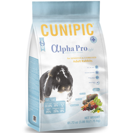 Pienso o comida Cunipic conejo esterilizado o sensible alpha pro light sin cereales en saco de 1,75kg