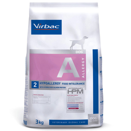 Vista frontal del saco de pienso Virbac a2 allergy hipoallergenic para perros de 3Kg