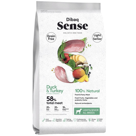 Pienso Dibaq sense light-senior pato y pavo grain free para perros mayores o gordos