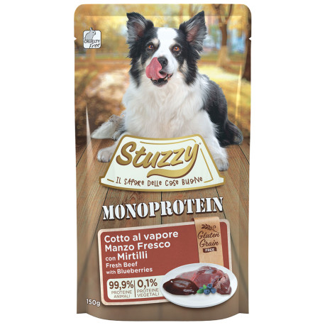 Stuzzy pouches buey monoprotein grainfree con arandanos para perros