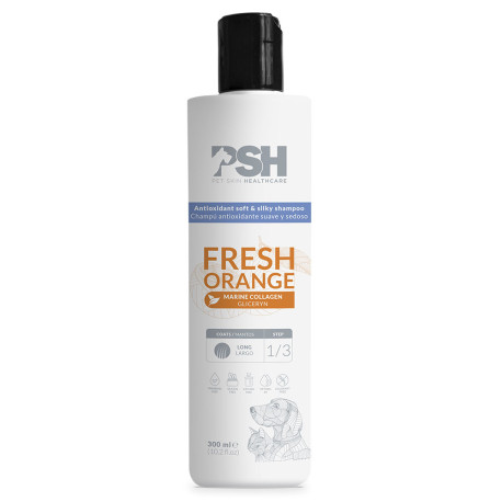 Psh fresh orange champú antioxidante suave y sedoso para perros y gatos en bote de 300ml