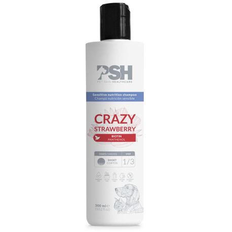 Psh crazy strawberry champú nutricion sensible para perros y gatos en formato de 300ml