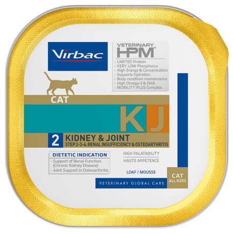 Vista frontal del producto Virbac KJ2 Cat Early Kidney & Joint (Mousse) latas para gatos