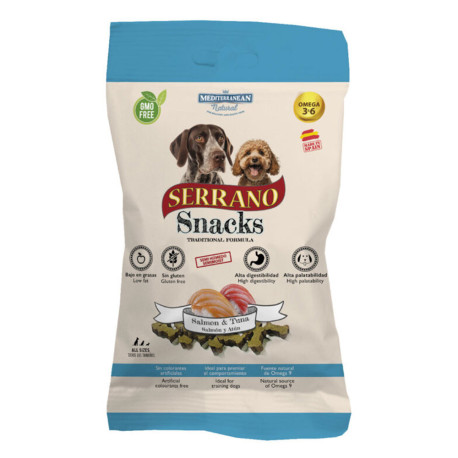 Nuevo Serrano Salmón y Atún snack para perros en formato de 100g de Mediterranean Natural