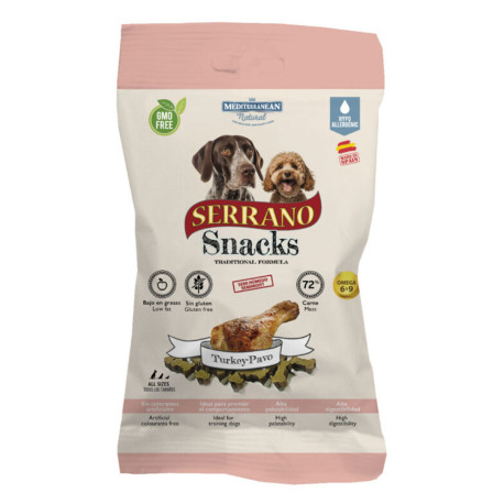 Nuevo Serrano Pavo snack para perros en formato de 100g de Mediterranean Natural