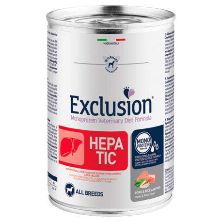 Exclusion Lata Hepatic Pork & Rice and pea para perros