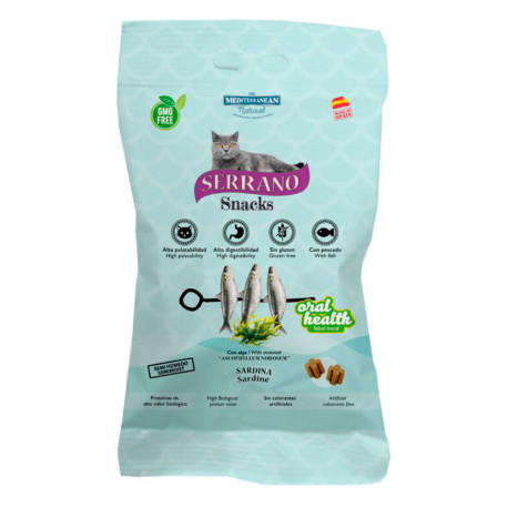 Nuevos snacks serrano mediterranean natural para gato salud dental y bucal de pelo sabor a sardina 50g