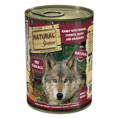 Natural greatness Conejo con Venado, Zanahorias, Aceitunas y Amaranto latas para perros