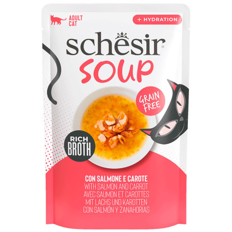 Schesir sobres sopa schesir salmón rosado y zanahorias para gatos Schesir sobres sopa schesir salmón rosado y zanahorias para gatos