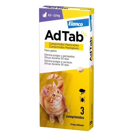 AdTab Gatos 3 comprimidos Antiparasitarios masticables para gatos de 0,5 a 2Kg