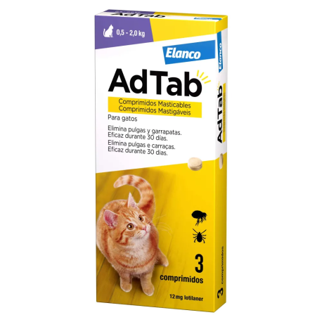 AdTab Gatos 3 comprimidos Antiparasitarios masticables para gatos de 0,5 a 2Kg