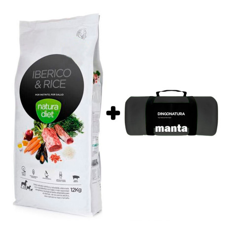 Manta Negra de Regalo con saco pienso Natura diet ibérico & rice (cerdo ibérico & arroz) 12Kg