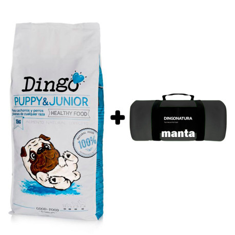 Manta Negra de Regalo con Saco pienso Dingo puppy & junior para cachorros de Dingonatura