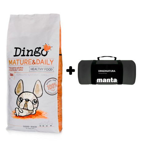 Manta Negra de Regalo con Saco pienso Dingo mature & daily para perros mayores de Dingonatura en formato de 12Kg