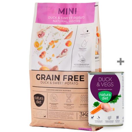 Lata Duck de Regalo con Natura Diet Grain Free MINI Duck & Sweet Potato (Pato y Batatas) para perros pequeños en formato 3Kg