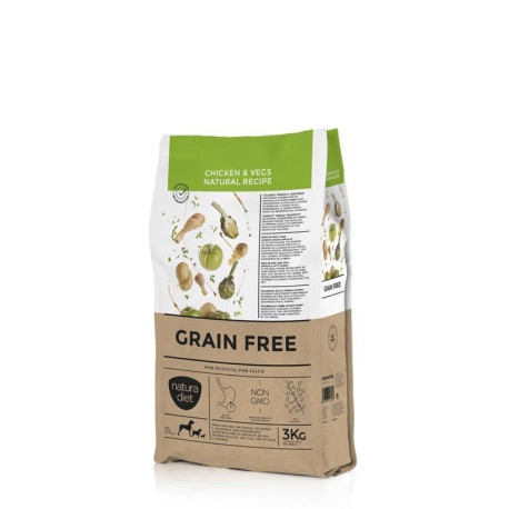 Saco pienso Natura Diet Grain Free Pollo & Verduras sin cereales para perros en formato de 3Kg